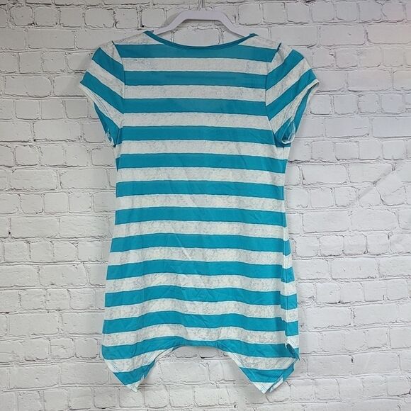 Versona XS Turquoise Rosette Lace Stripe Tunic Blouse Sharkbite Hem Scoop SS Top - Picture 4 of 8